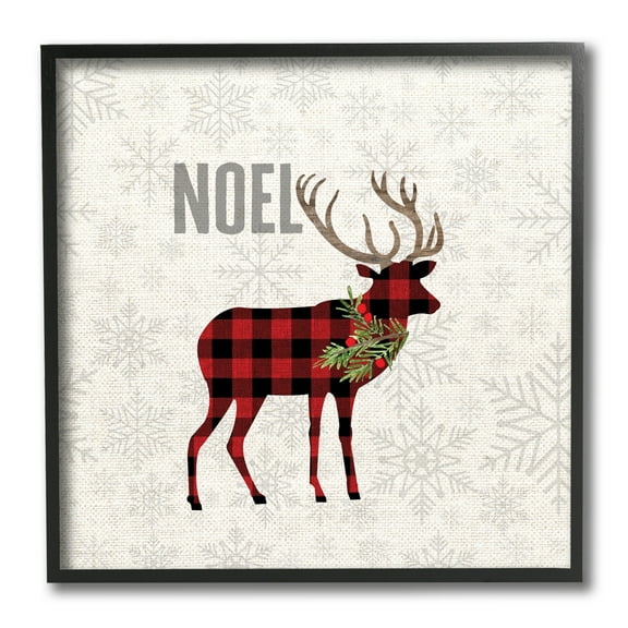 Stupell Industries Noel Phrase Patchwork Reindeer Christmas Snowflakes Animals & Insects Painting Black Framed Art Print Wall Art, 12 x 12