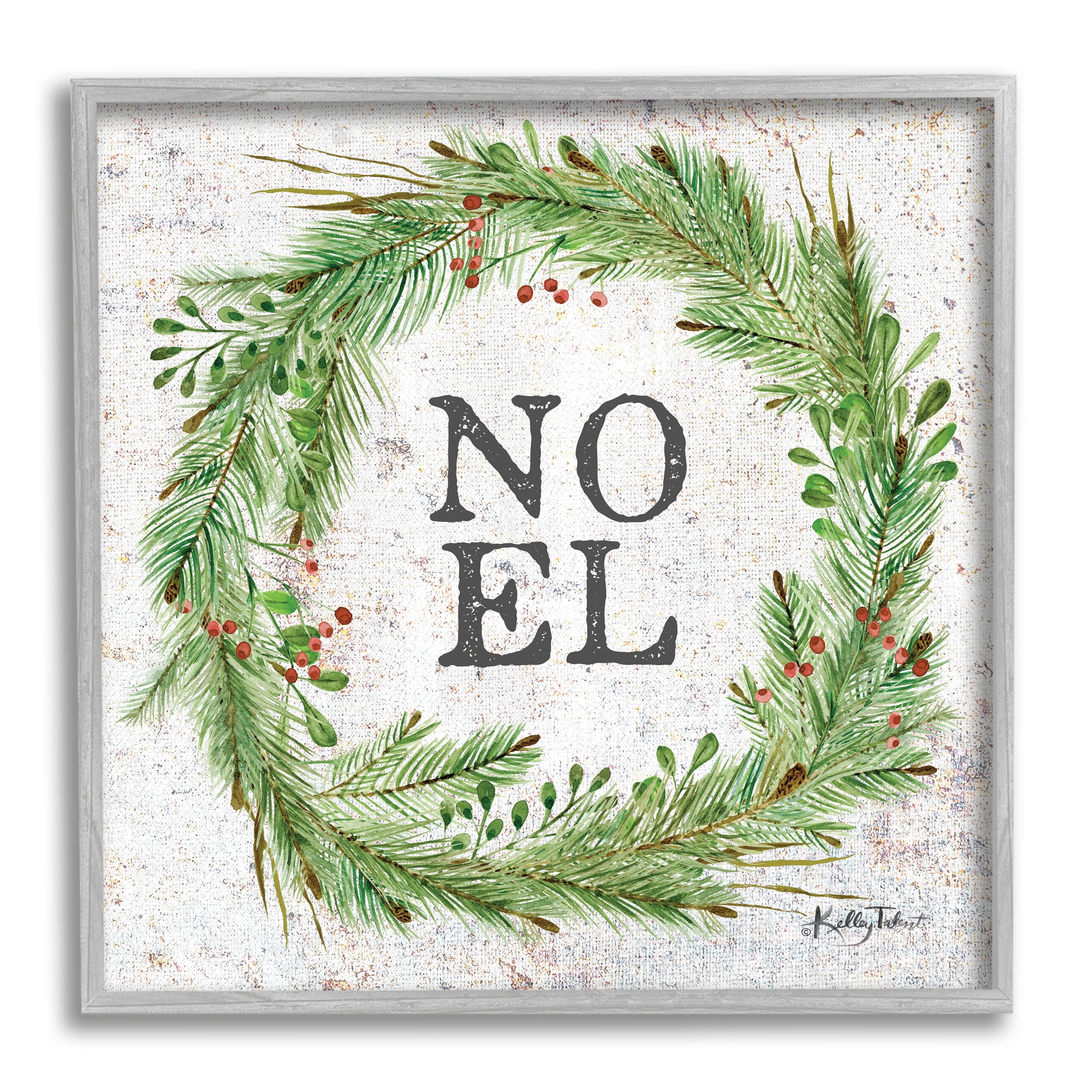 Stupell Industries Noel Seasonal Wreath Holiday Painting Gray Framed Art Print Wall Art, 12 x 12