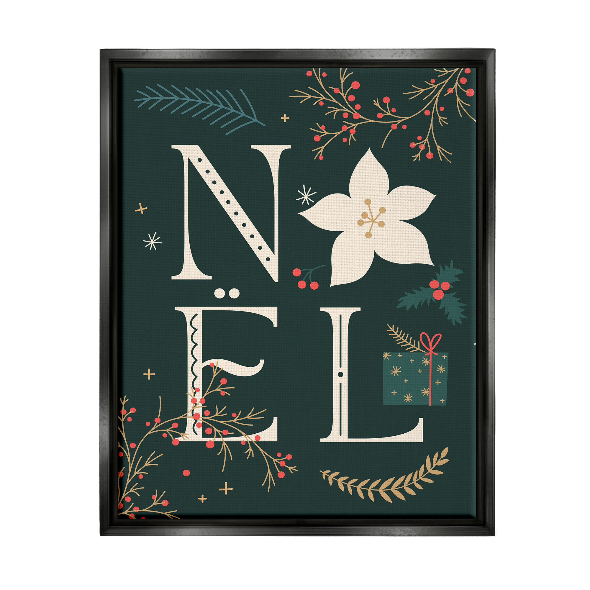 Stupell Industries Noel with Christmas Bloom Holiday Painting Black Floater Framed Canvas Art Print Wall Art, 17 x 21