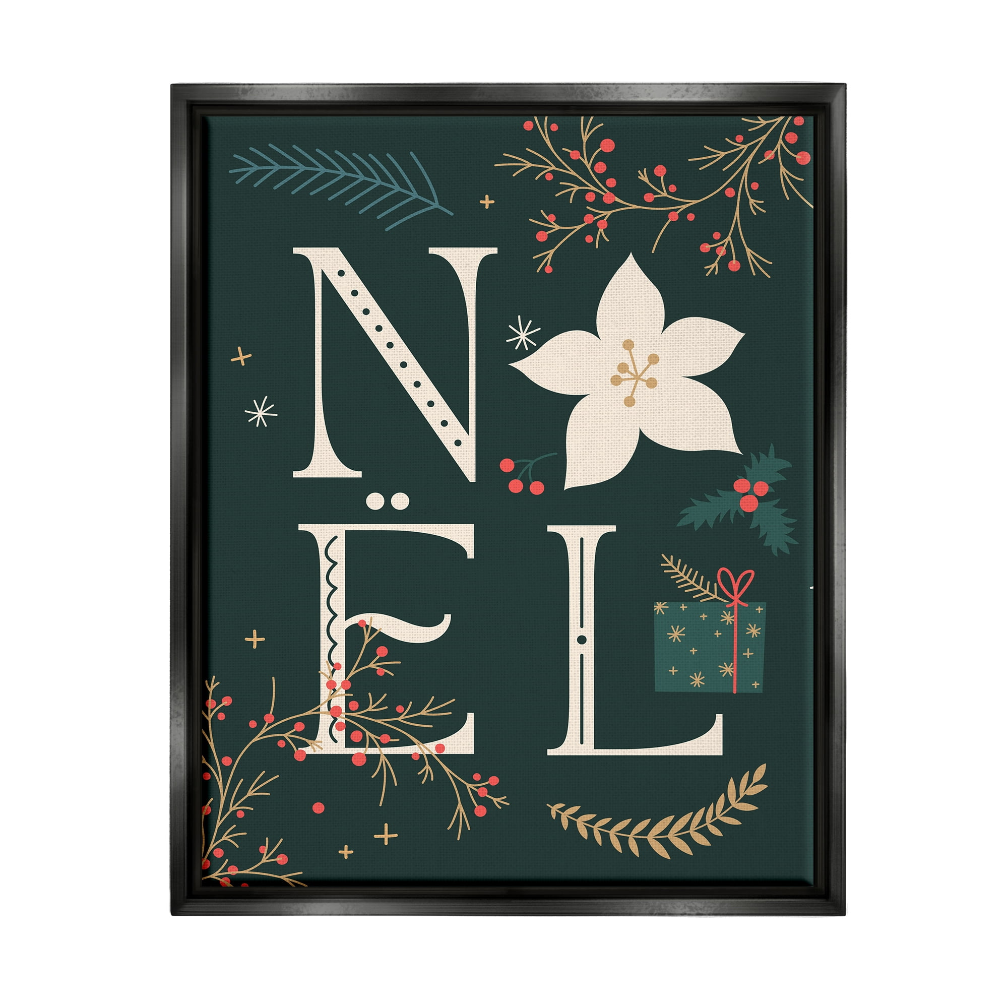 Stupell Industries Noel with Christmas Bloom Holiday Painting Black Floater Framed Canvas Art Print Wall Art, 25 x 31