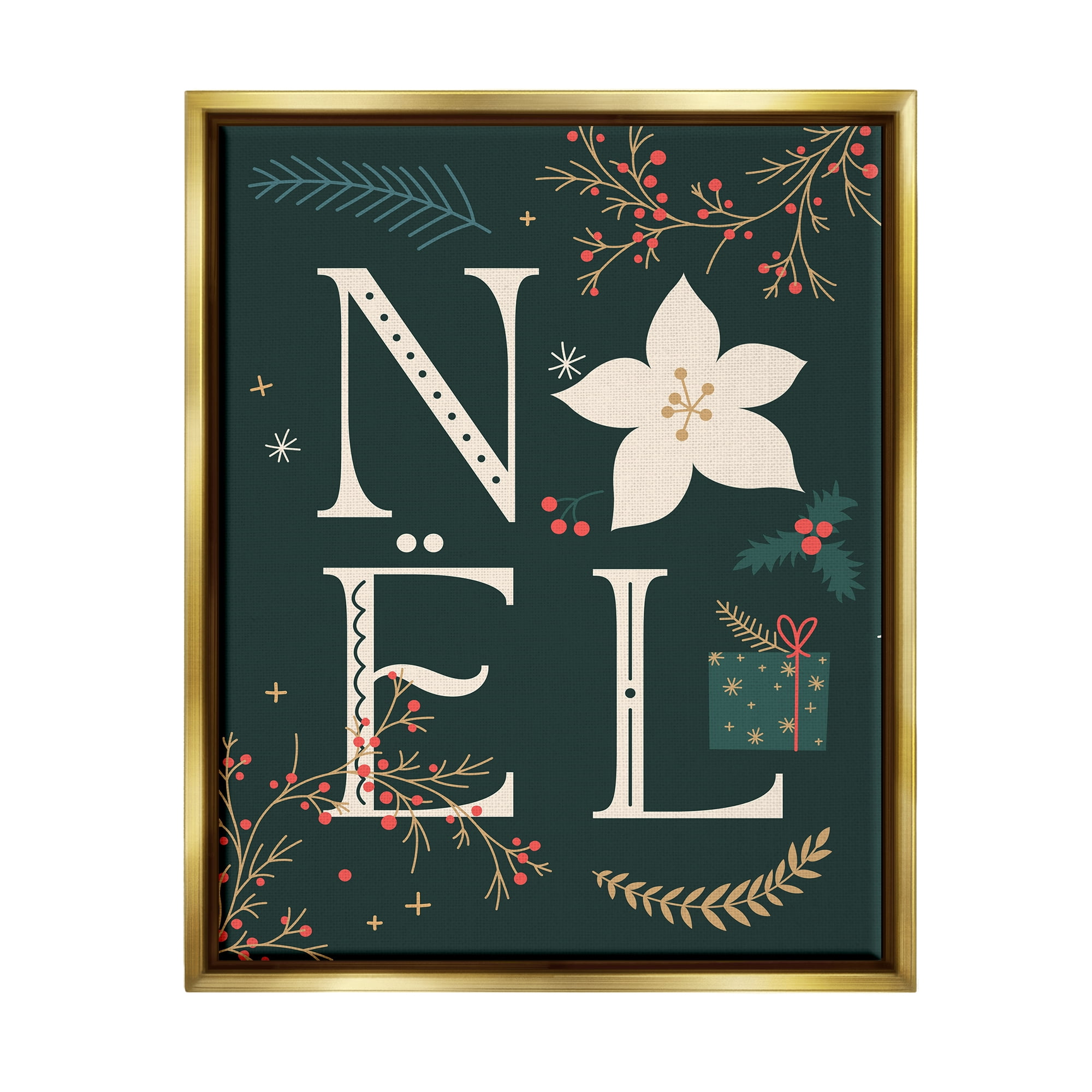 Stupell Industries Noel with Christmas Bloom Holiday Painting Gold Floater Framed Canvas Art Print Wall Art, 25 x 31