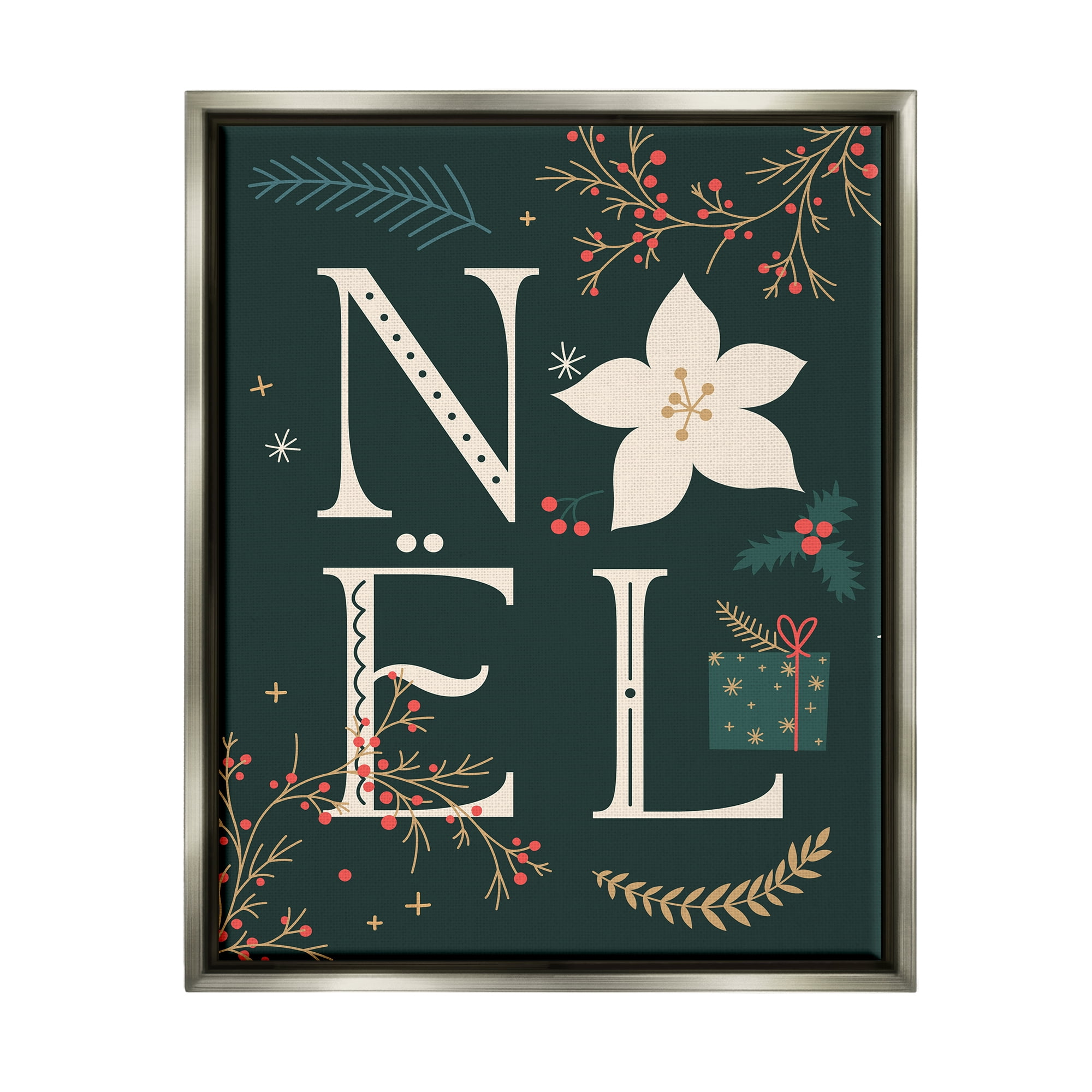 Stupell Industries Noel with Christmas Bloom Holiday Painting Gray Floater Framed Canvas Art Print Wall Art, 17 x 21