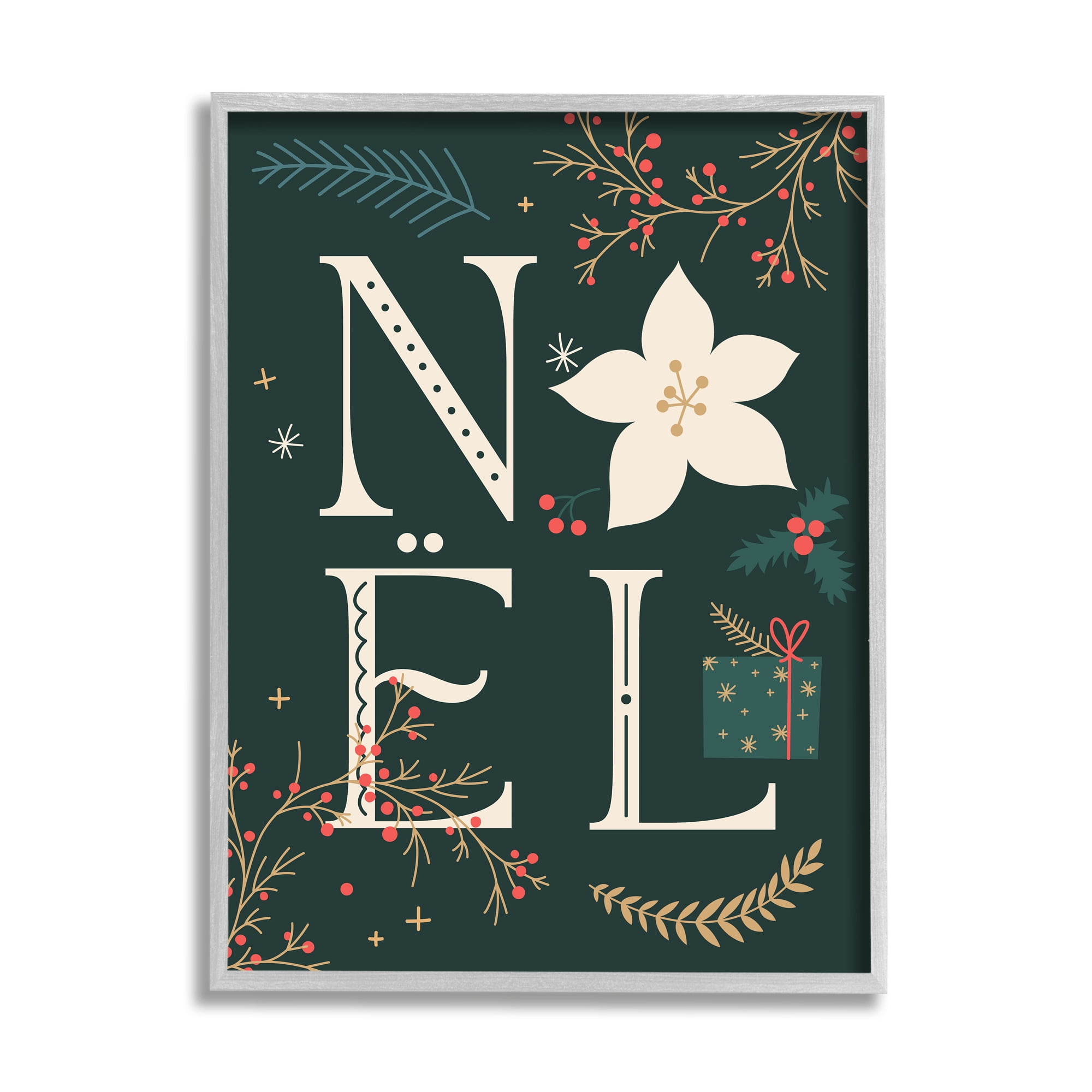Stupell Industries Noel with Christmas Bloom Holiday Painting Gray Framed Art Print Wall Art, 16 x 20