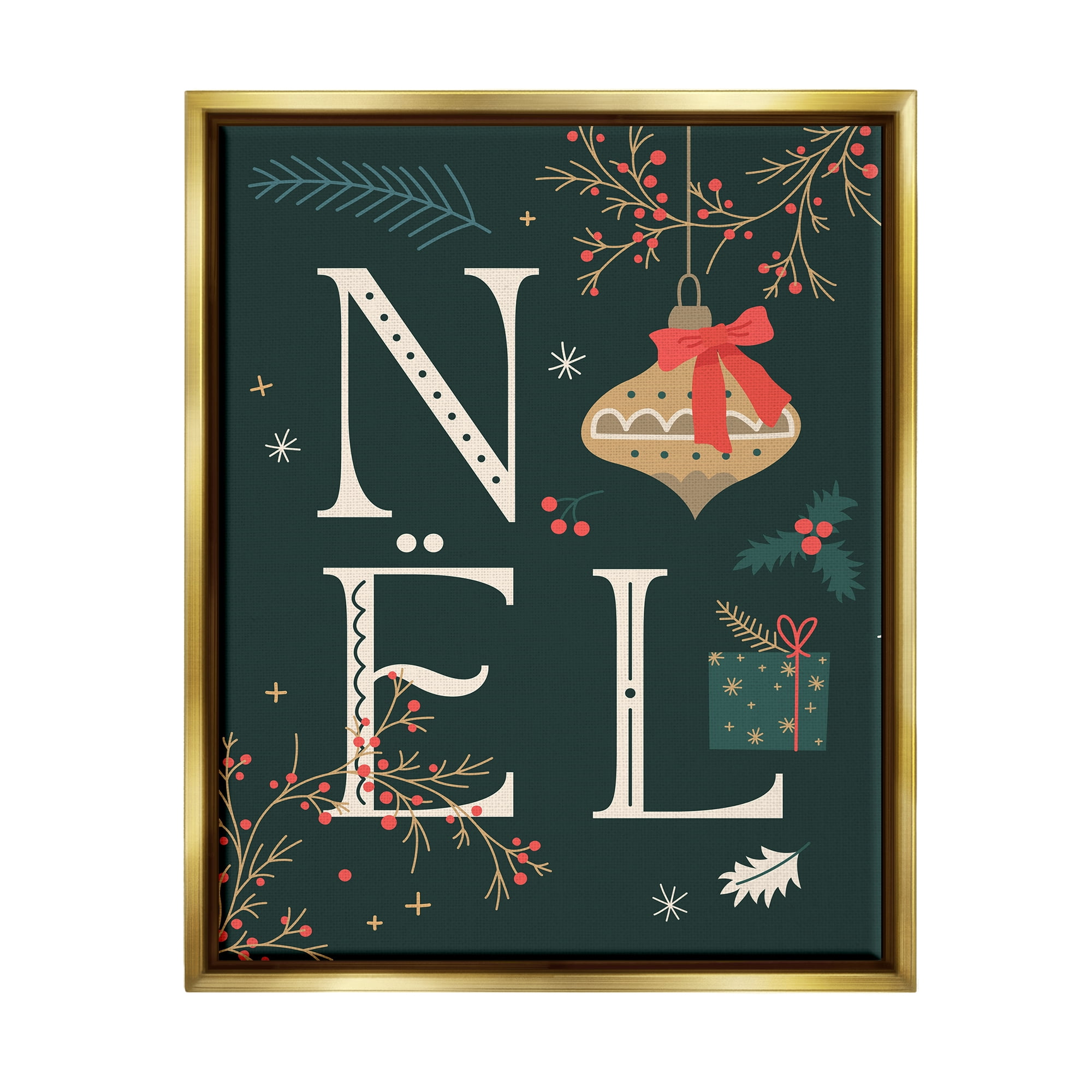 Stupell Industries Noel with Holiday Ornament Holiday Painting Gold Floater Framed Canvas Art Print Wall Art, 25 x 31