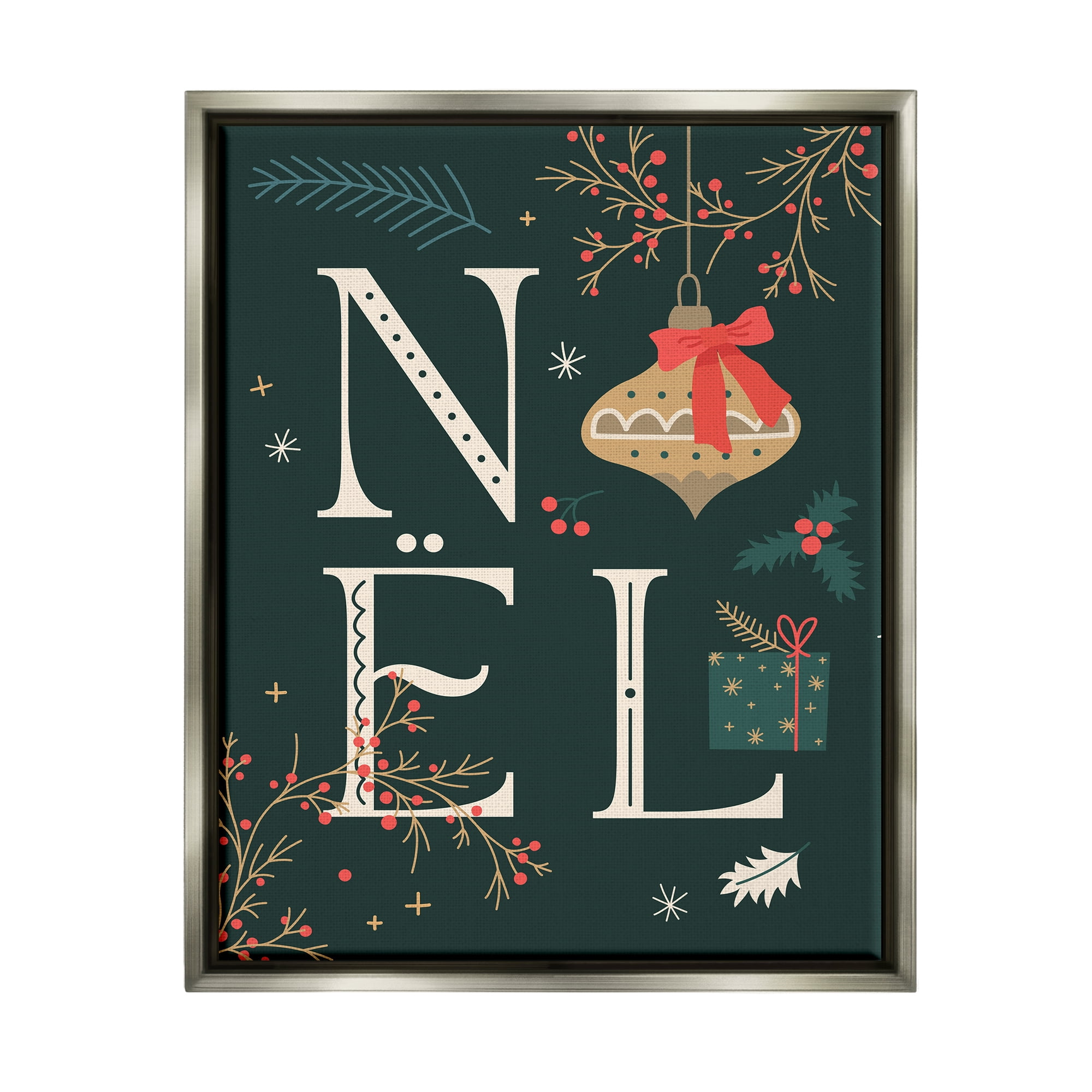 Stupell Industries Noel with Holiday Ornament Holiday Painting Gray Floater Framed Canvas Art Print Wall Art, 25 x 31