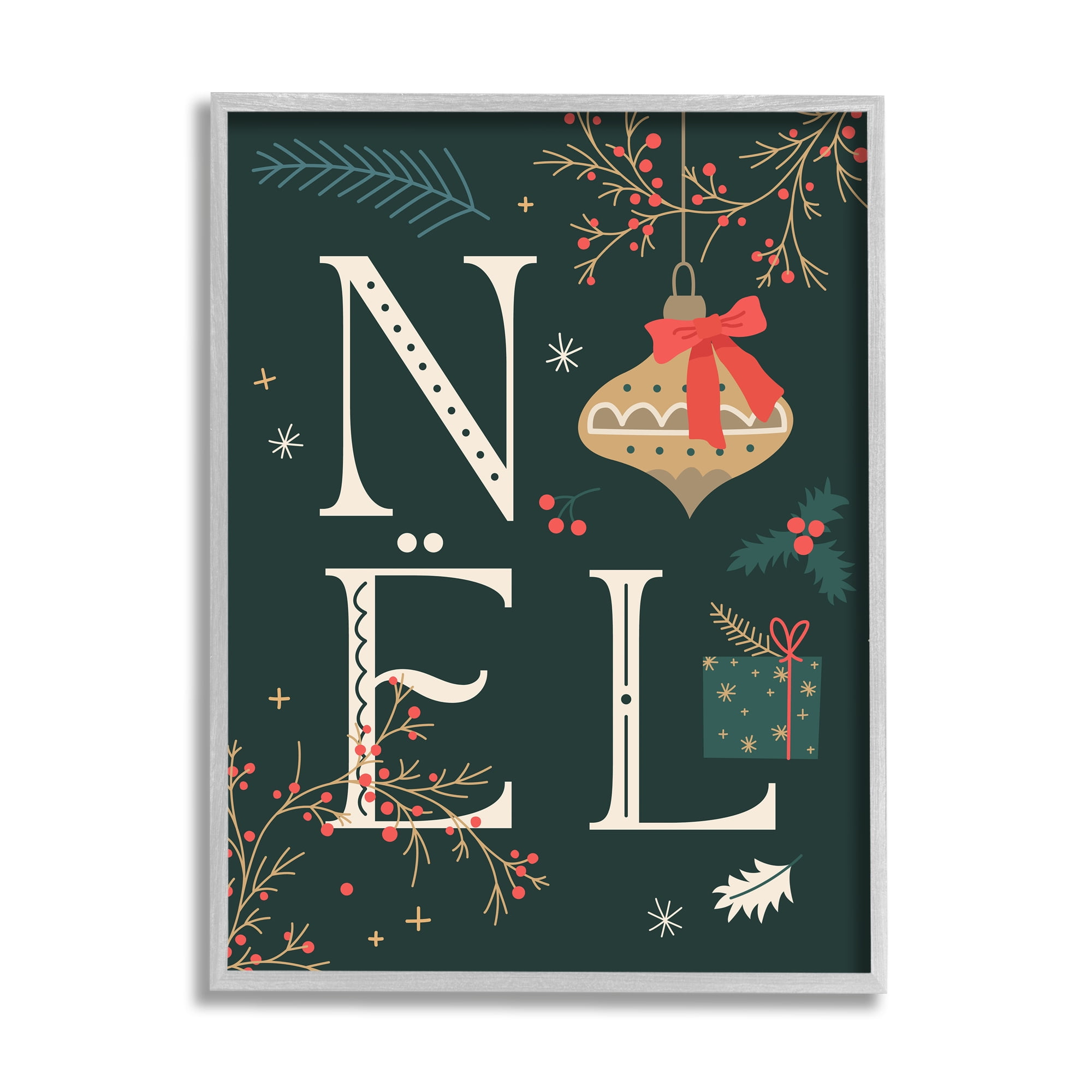Stupell Industries Noel with Holiday Ornament Holiday Painting Gray Framed Art Print Wall Art, 16 x 20