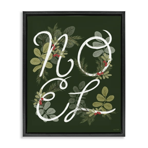 Stupell Industries Noel with Modern Botanicals Black Framed Floater Canvas Wall Art design by House Fenway, 21 x 17