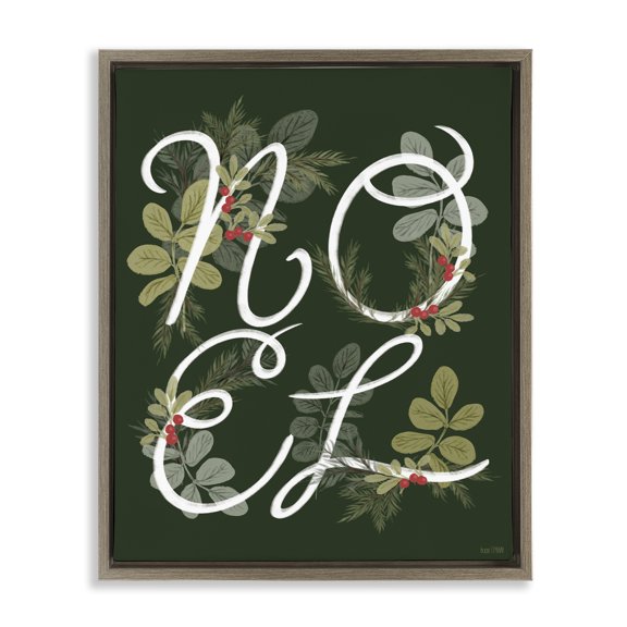 Stupell Industries Noel with Modern Botanicals Brown Framed Floater Canvas Wall Art design by House Fenway, 21 x 17