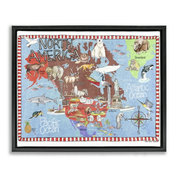 Stupell Industries North America Map Town & City Painting Black Floater Framed Art Print Wall Art, 21 x 17