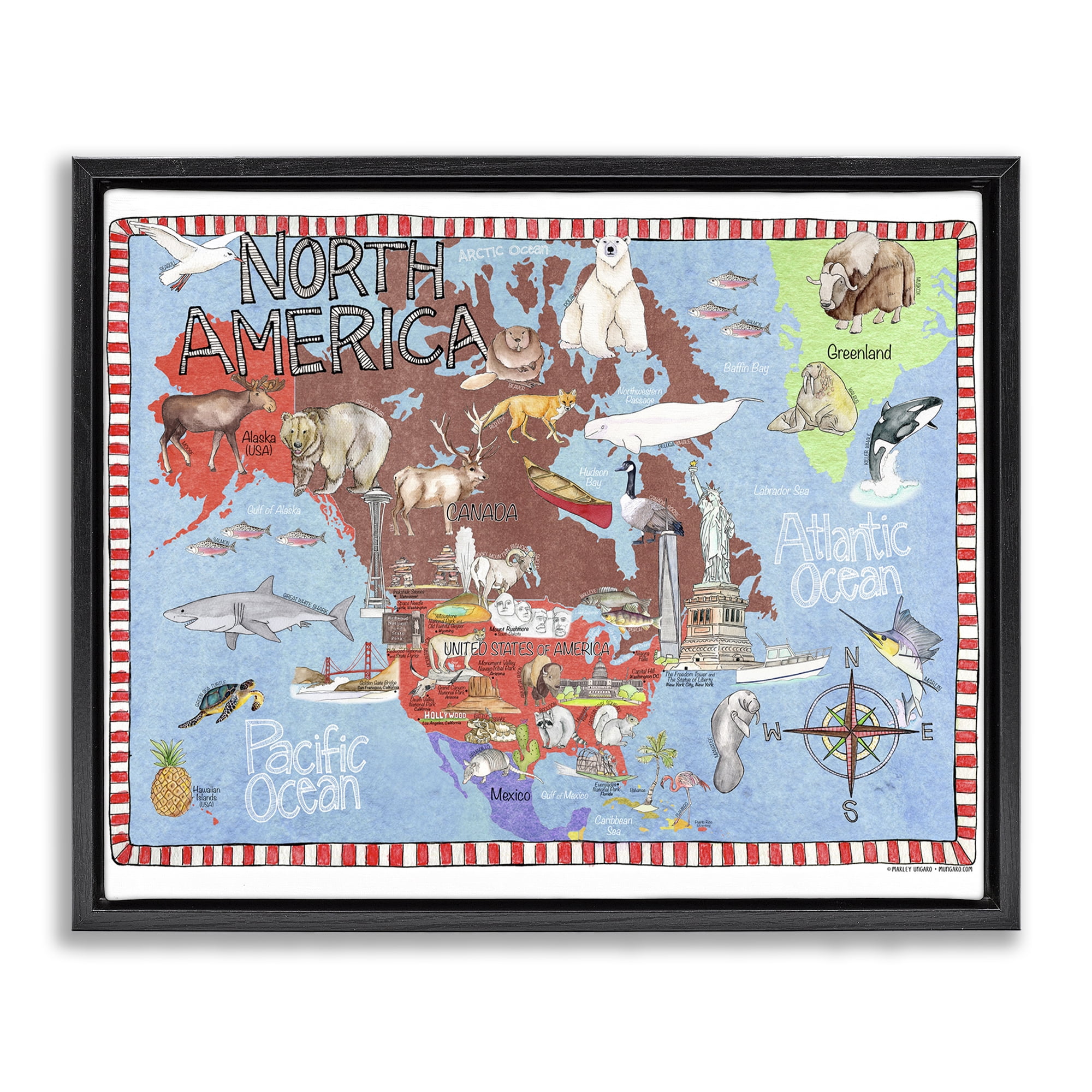 Stupell Industries North America Map Town & City Painting Black Floater Framed Art Print Wall Art, 31 x 25