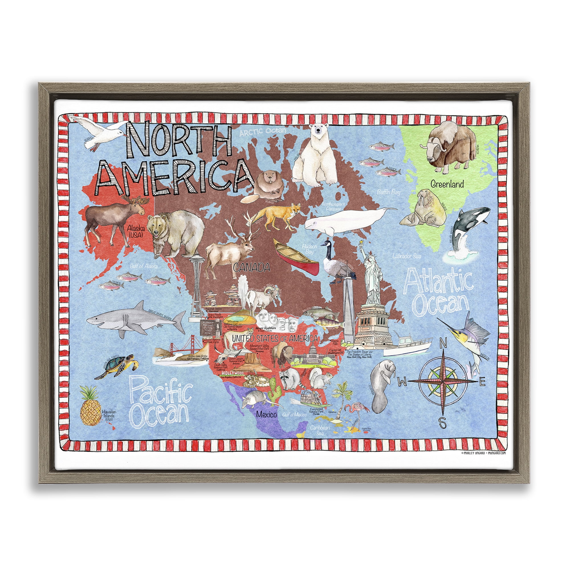 Stupell Industries North America Map Town & City Painting Brown Floater Framed Art Print Wall Art, 21 x 17
