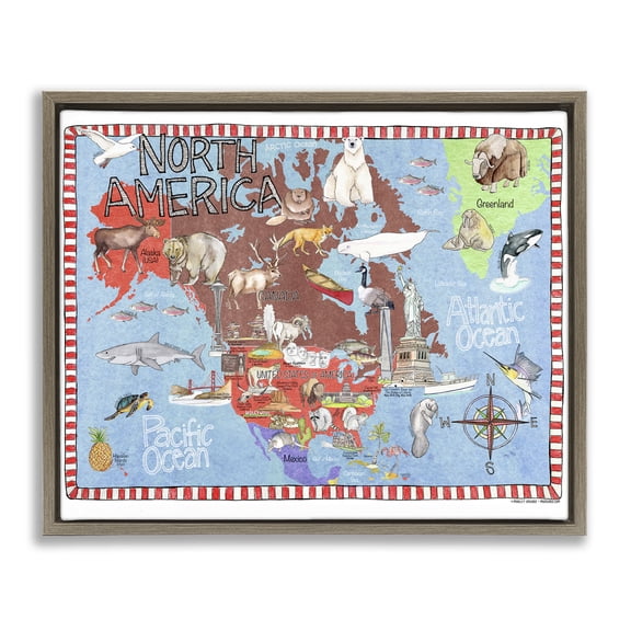 Stupell Industries North America Map Town & City Painting Brown Floater Framed Art Print Wall Art, 31 x 25