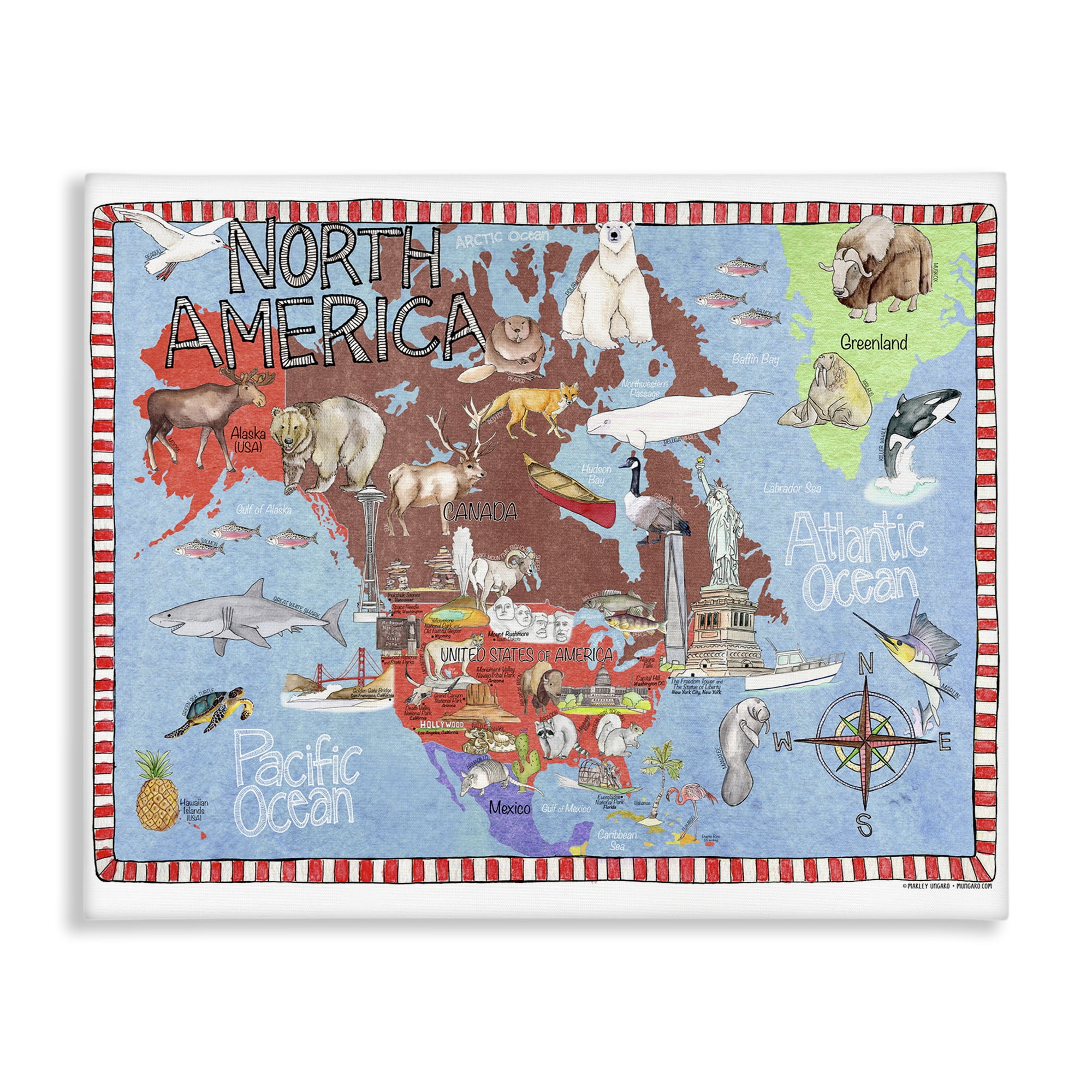 Stupell Industries North America Map Town & City Painting Gallery Wrapped Canvas Art Print Wall Art, 40 x 30