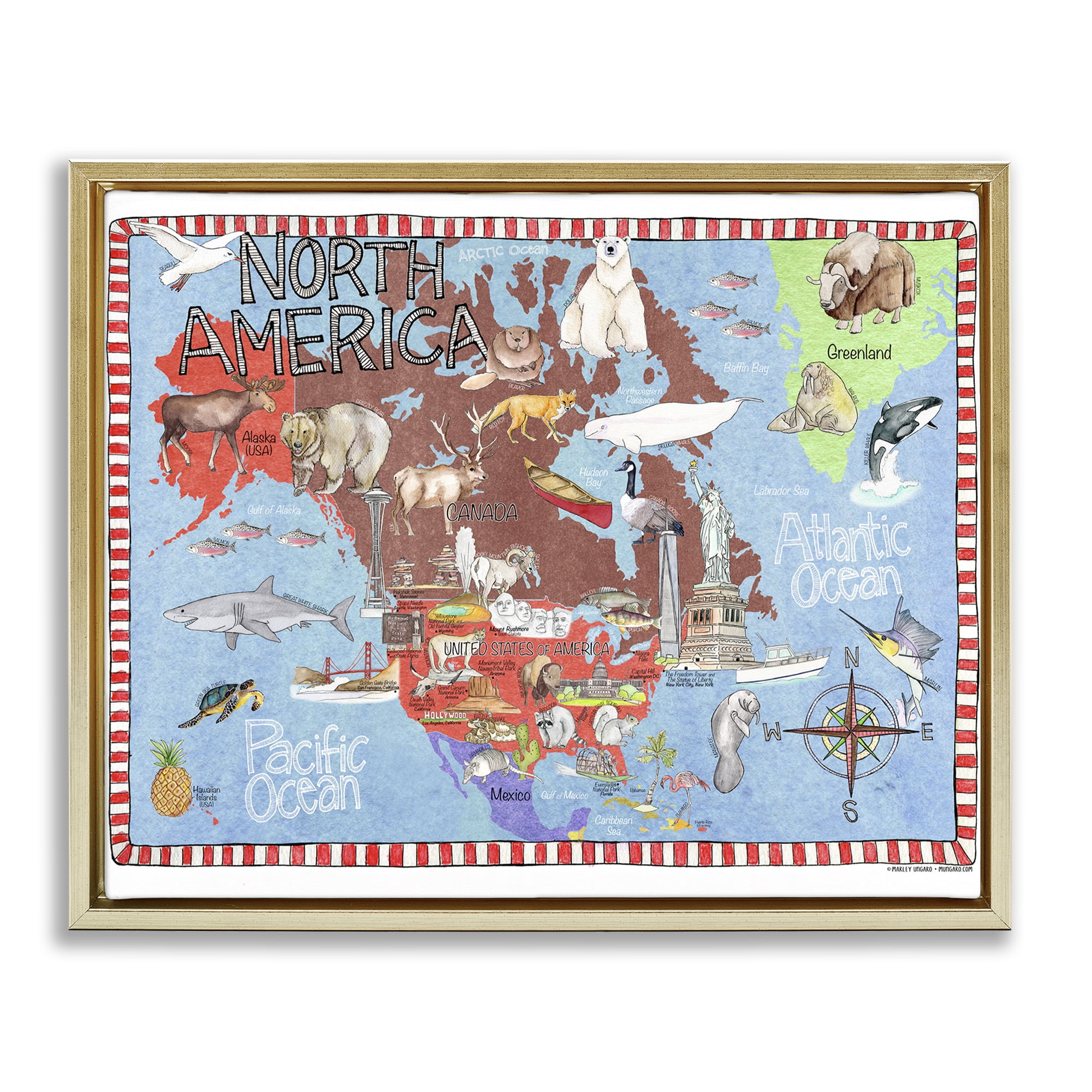 Stupell Industries North America Map Town & City Painting Gold Floater Framed Art Print Wall Art, 31 x 25