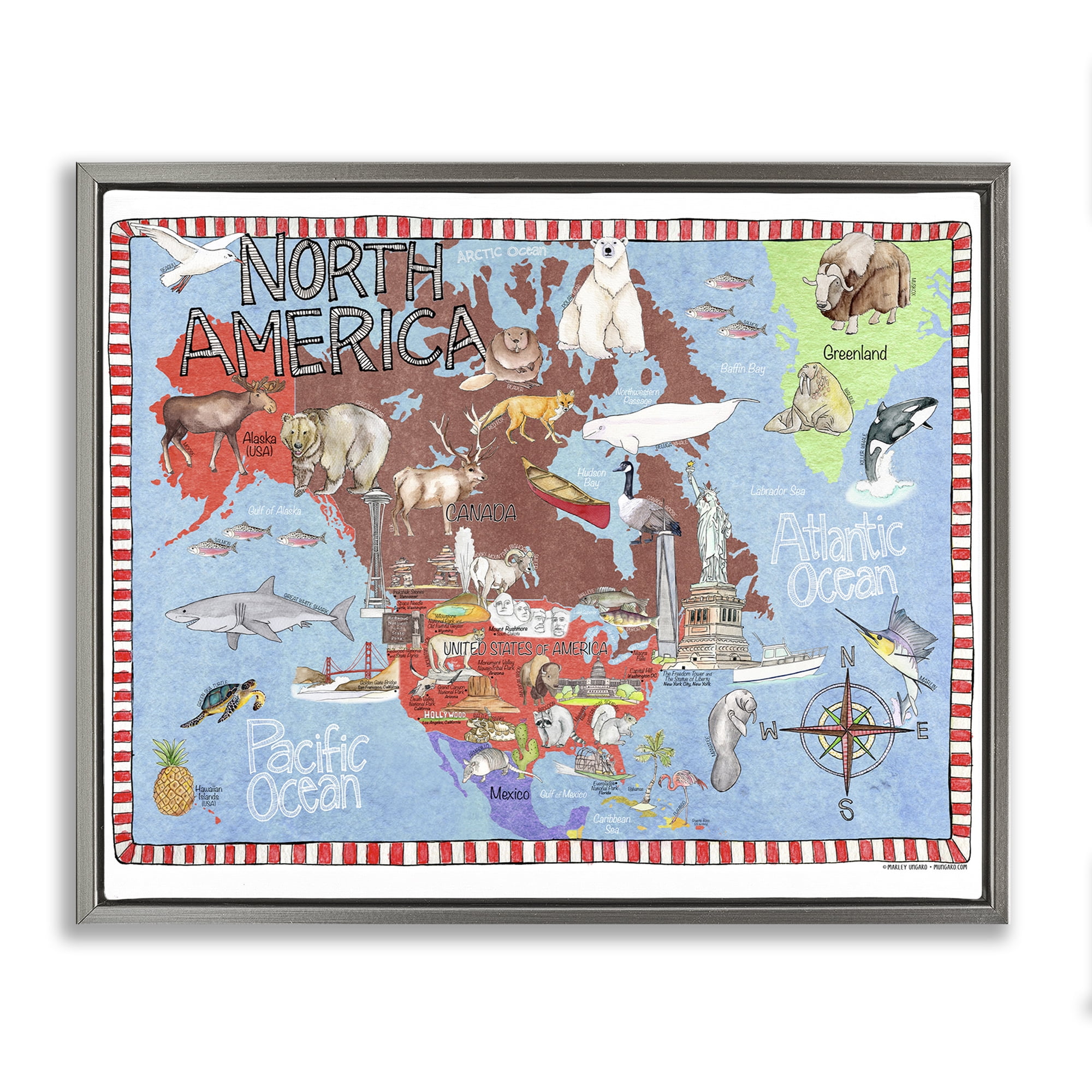 Stupell Industries North America Map Town & City Painting Gray Floater Framed Art Print Wall Art, 31 x 25