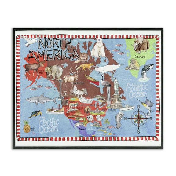 Stupell Industries North America Map Travel & Places Painting Black Framed Art Print Wall Art, 14 x 11