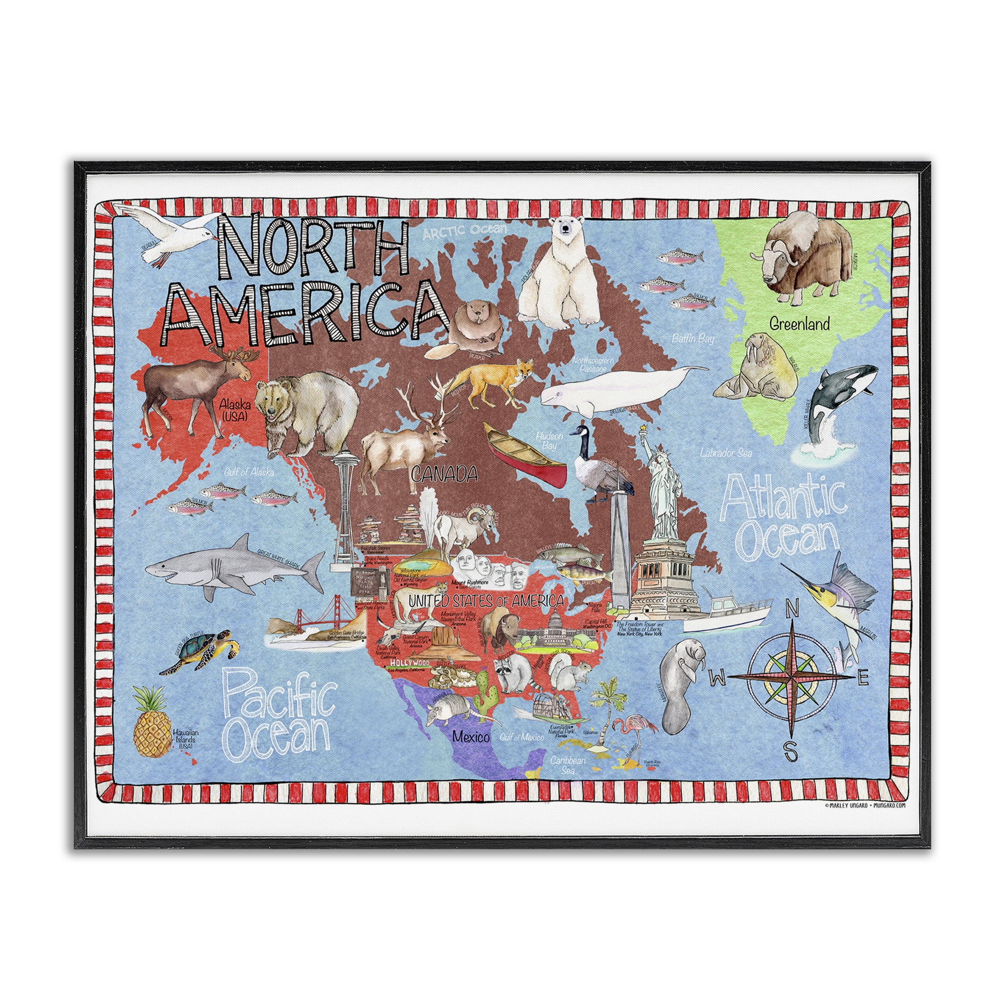 Stupell Industries North America Map Travel & Places Painting Black Framed Art Print Wall Art, 20 x 16