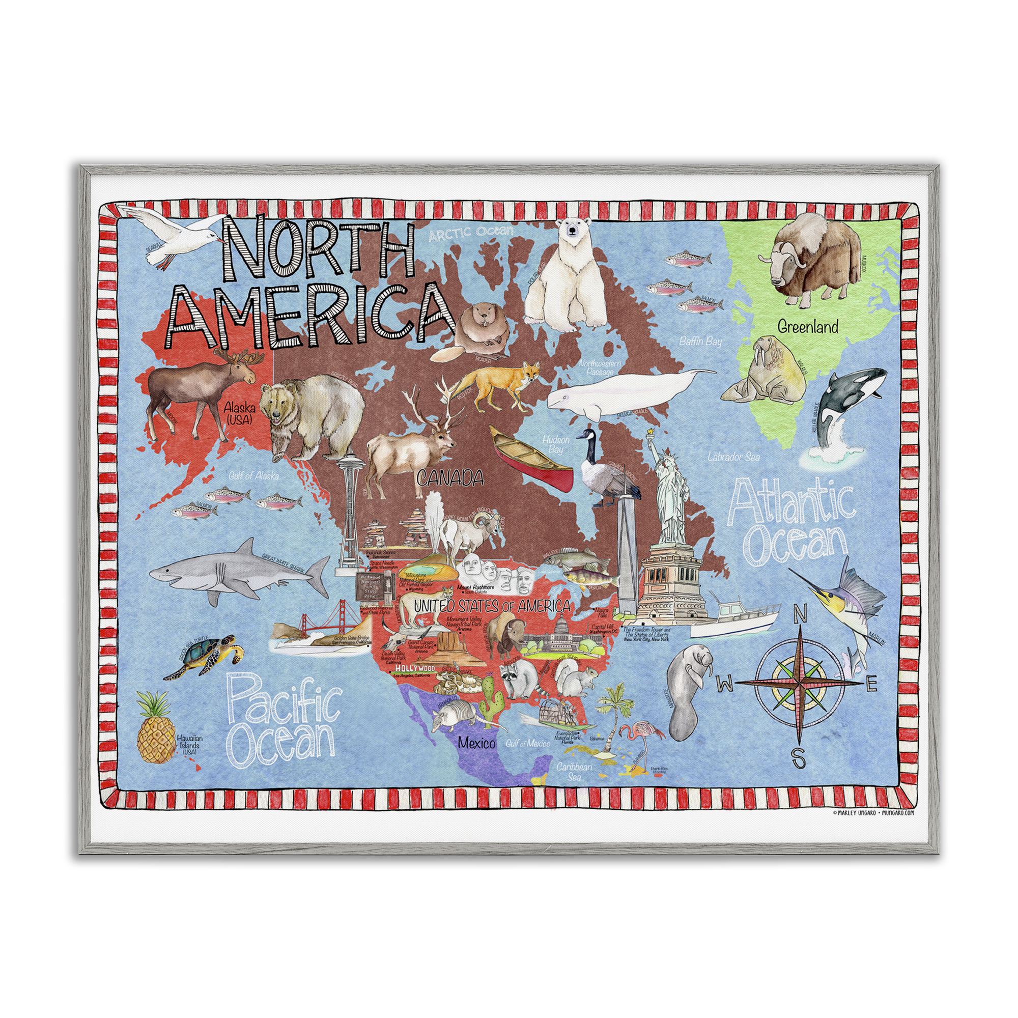 Stupell Industries North America Map Travel & Places Painting Gray Framed Art Print Wall Art, 30 x 24