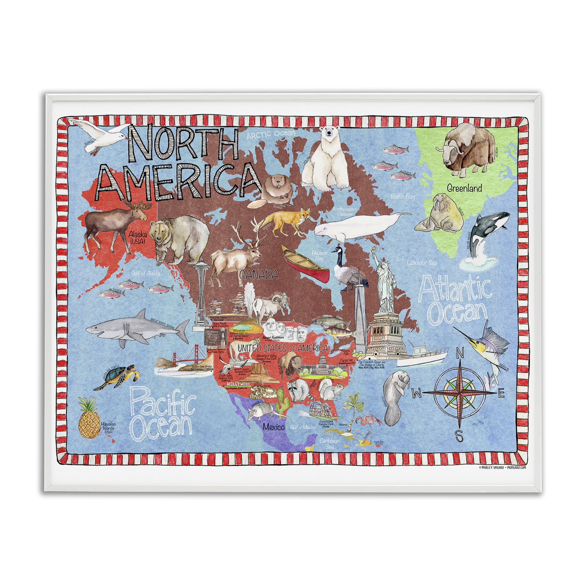 Stupell Industries North America Map Travel & Places Painting White Framed Art Print Wall Art, 14 x 11