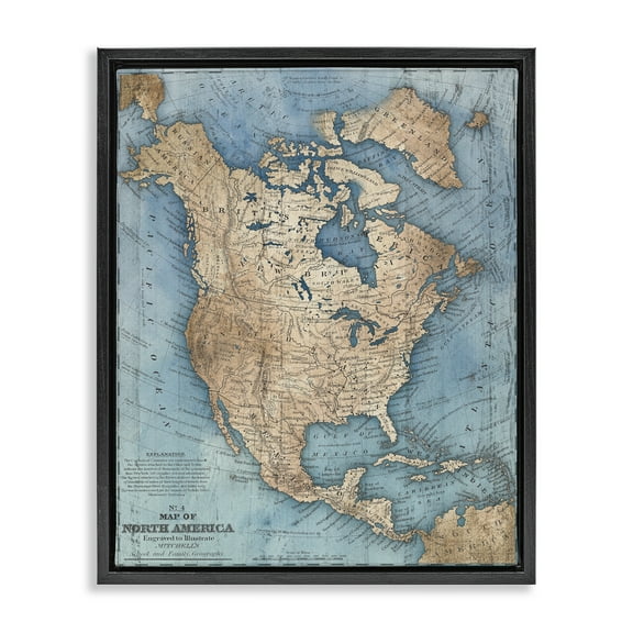 Stupell Industries North America Traditional Map Map Painting Black Floater Framed Canvas Art Print Wall Art, 17 x 21