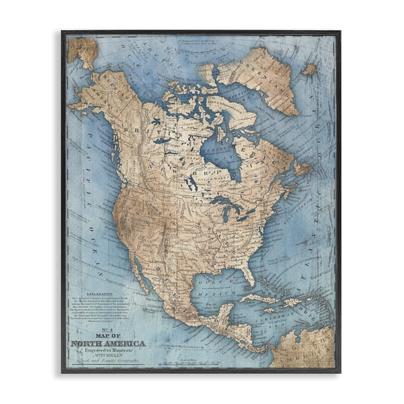 Stupell Industries North America Traditional Map Map Painting Black Framed Art Print Wall Art, 24 x 30