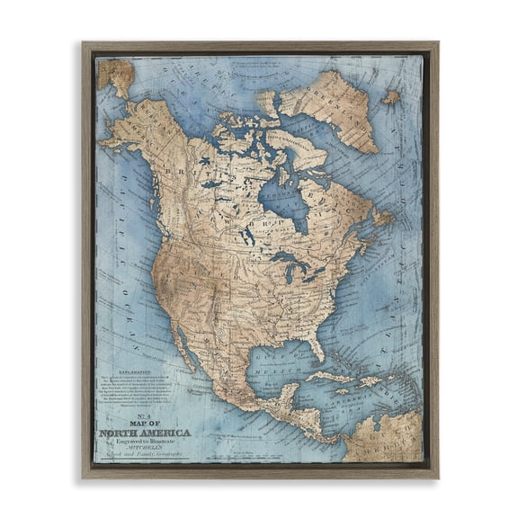 Stupell Industries North America Traditional Map Map Painting Brown Floater Framed Canvas Art Print Wall Art, 25 x 31
