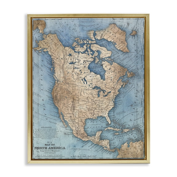 Stupell Industries North America Traditional Map Map Painting Gold Floater Framed Canvas Art Print Wall Art, 17 x 21