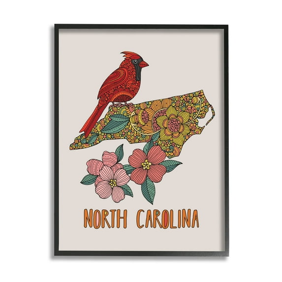 Stupell Industries North Carolina Cardinal Detailed Floral State Pattern Graphic Art Black Framed Art Print Wall Art, Design by Valentina Harper