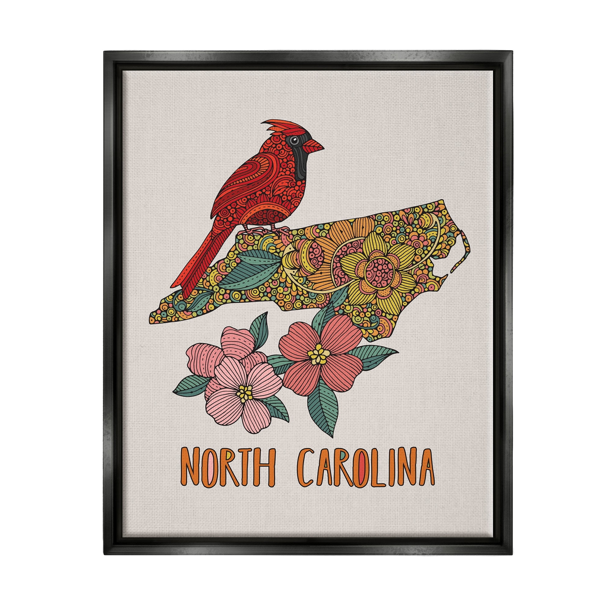 Stupell Industries North Carolina Cardinal Detailed Floral State Pattern Graphic Art Jet Black Floating Framed Canvas Print Wall Art, Design by Valentina Harper