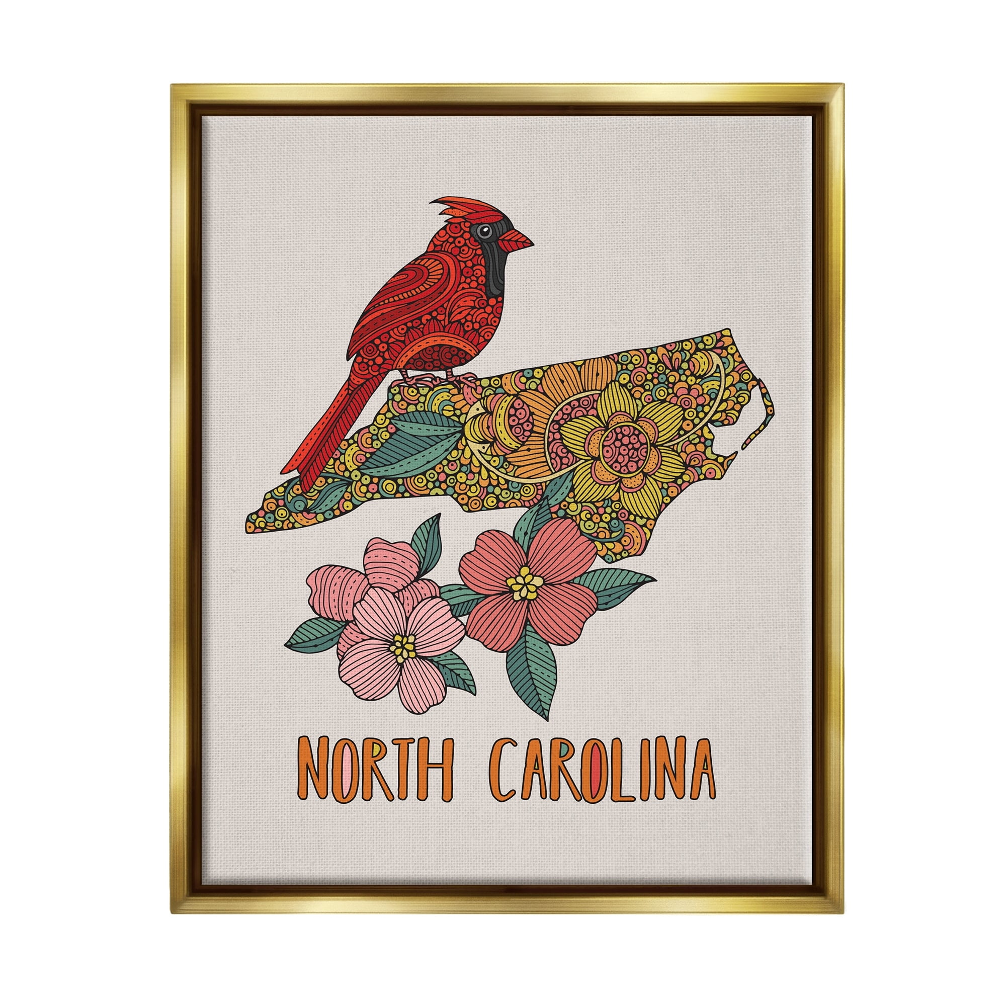 Stupell Industries North Carolina Cardinal Detailed Floral State Pattern Graphic Art Metallic Gold Floating Framed Canvas Print Wall Art, Design by Valentina Harper
