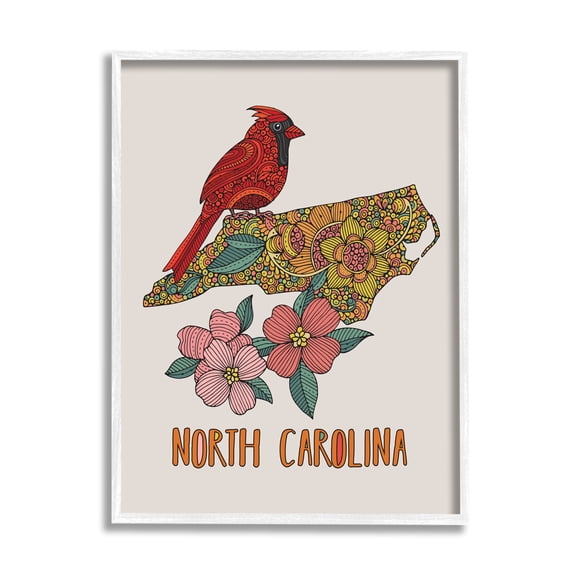 Stupell Industries North Carolina Cardinal Detailed Floral State Pattern Graphic Art White Framed Art Print Wall Art, Design by Valentina Harper