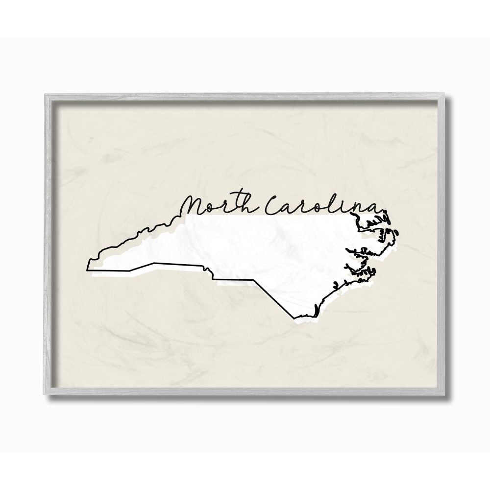 Stupell Industries North Carolina Home State Map Neutral Print Design Gray Farmhouse Rustic Framed Giclee Texturized Art by Daphne Polselli