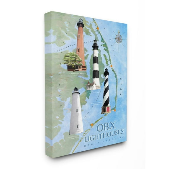 Stupell Industries North Carolina Lighthouses Beach Coast Ocean Map Painting Canvas Wall Art by Art Licensing Studio