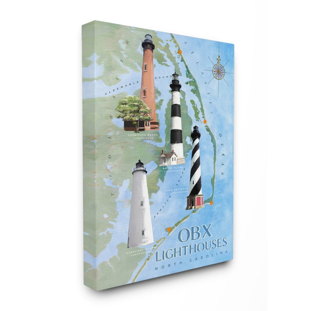Stupell Industries North Carolina Lighthouses Beach Coast Ocean Map Painting Canvas Wall Art by Art Licensing Studio