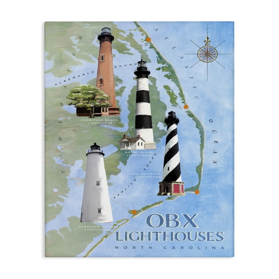 Stupell Industries Traditional North Carolina Lighthouses Beach Coast Ocean Map Canvas Art, 16 x 20, by Art Licensing Studio