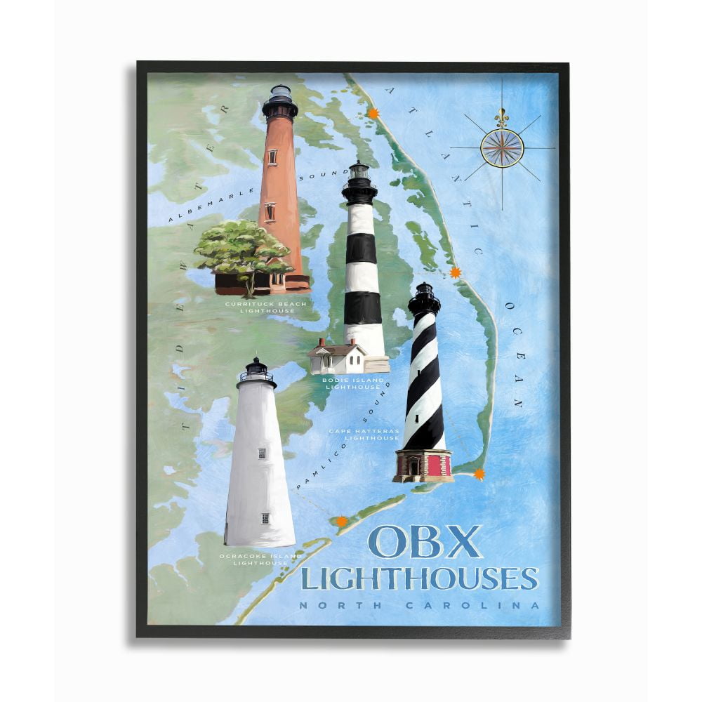 Stupell Industries North Carolina Lighthouses Beach Coast Ocean Map Painting Framed Giclee Texturized Art by Art Licensing Studio