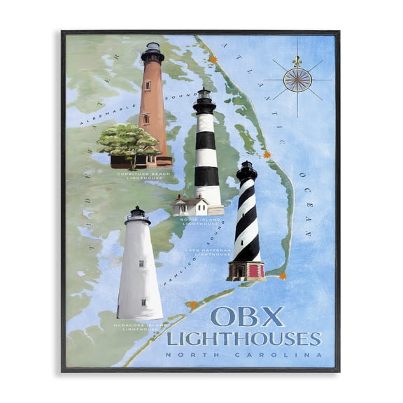 Stupell Industries Traditional North Carolina Lighthouses Beach Coast Ocean Map Black Framed Giclee Art, 16 x 20, by Art Licensing Studio