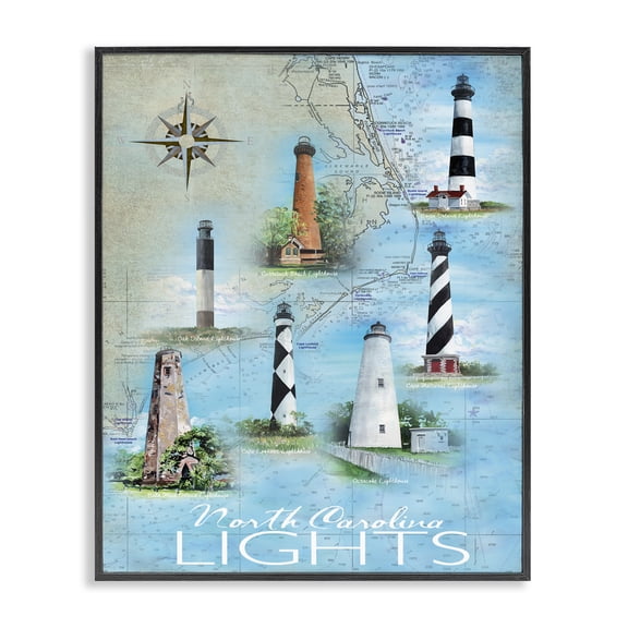 Stupell Industries Traditional North Carolina Lighthouses Map Black Framed Giclee Art, 11 x 14, by Erica Christopher