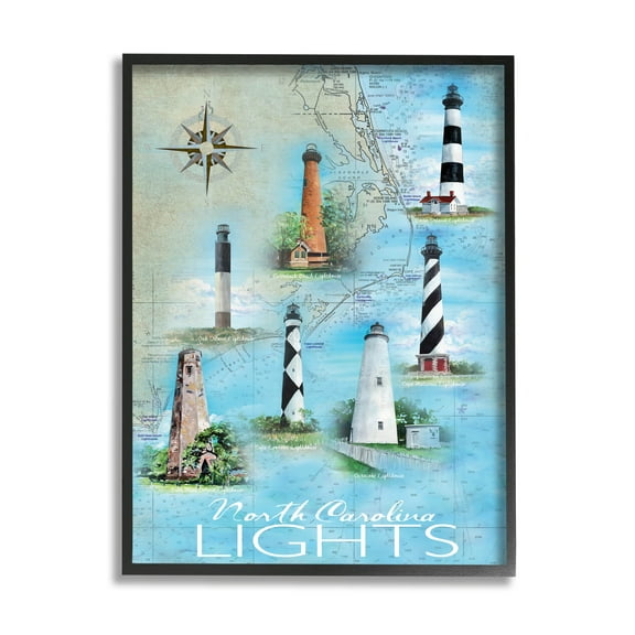 Stupell Industries North Carolina Lighthouses Map Graphic Art Black Framed Art Print Wall Art, Design by Erica Christopher
