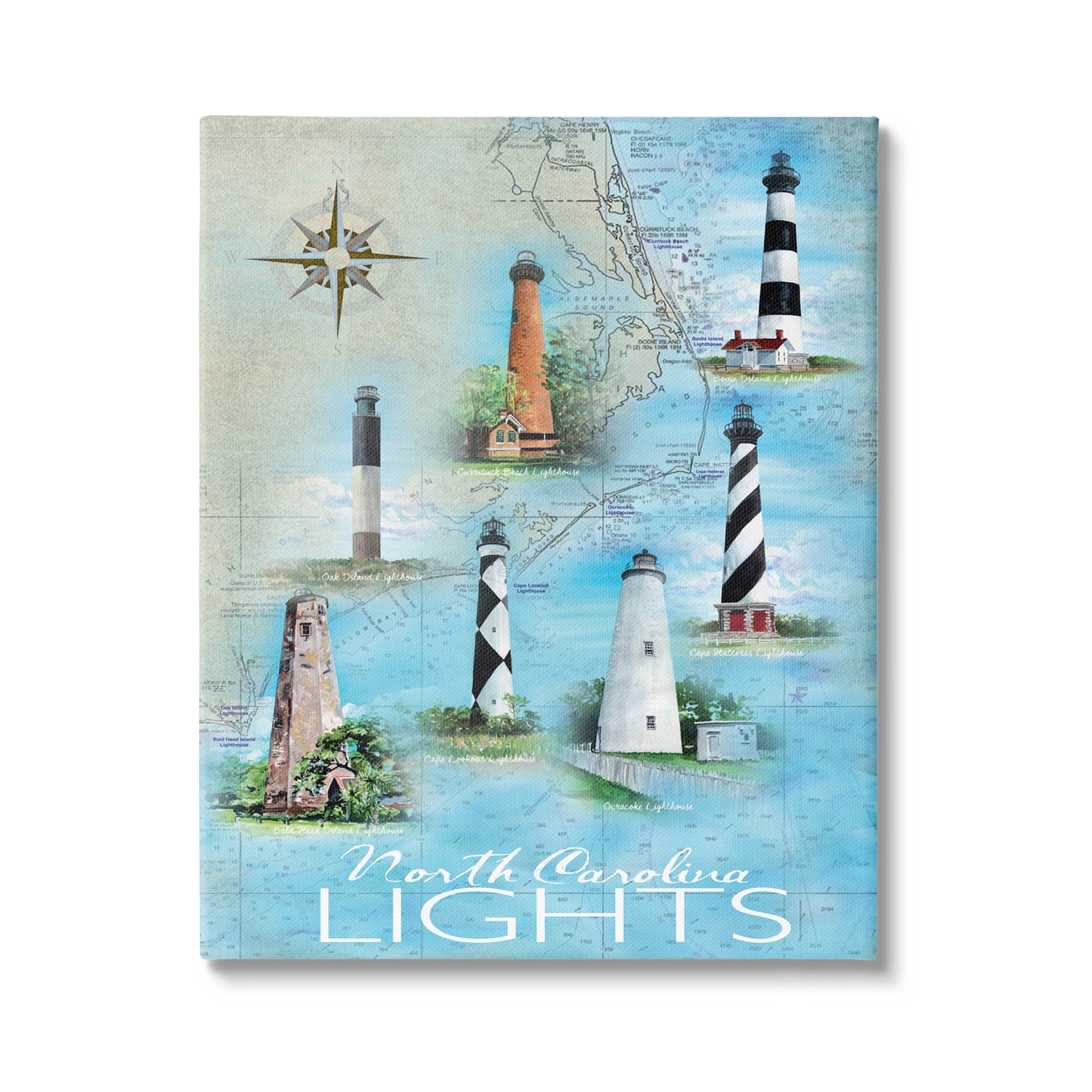 Stupell Industries North Carolina Lighthouses Map Graphic Art Gallery Wrapped Canvas Print Wall Art, Design by Erica Christopher