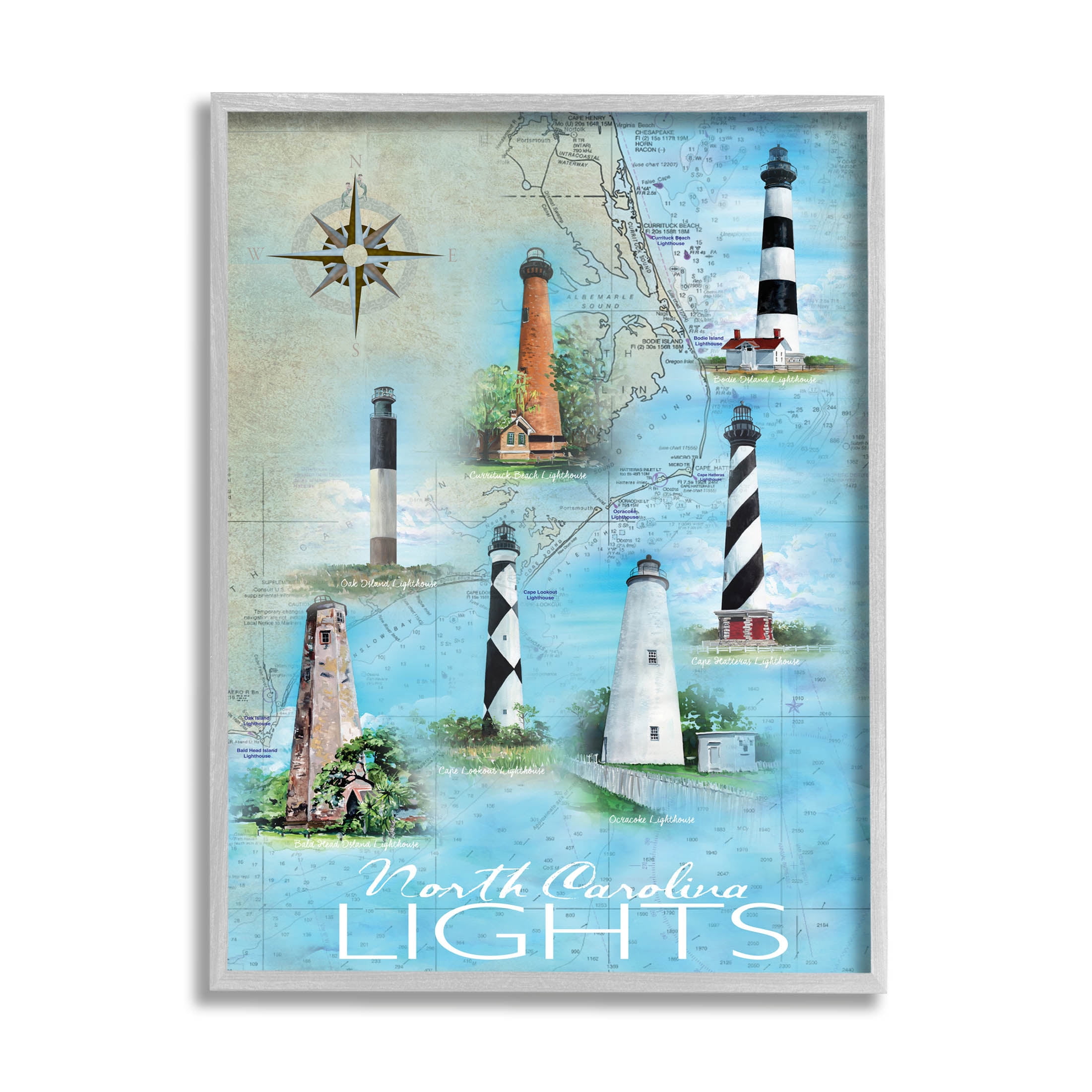Stupell Industries North Carolina Lighthouses Map Graphic Art Gray Framed Art Print Wall Art, Design by Erica Christopher