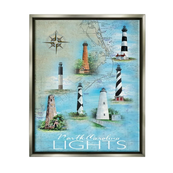 Stupell Industries North Carolina Lighthouses Map Graphic Art Luster Gray Floating Framed Canvas Print Wall Art, Design by Erica Christopher