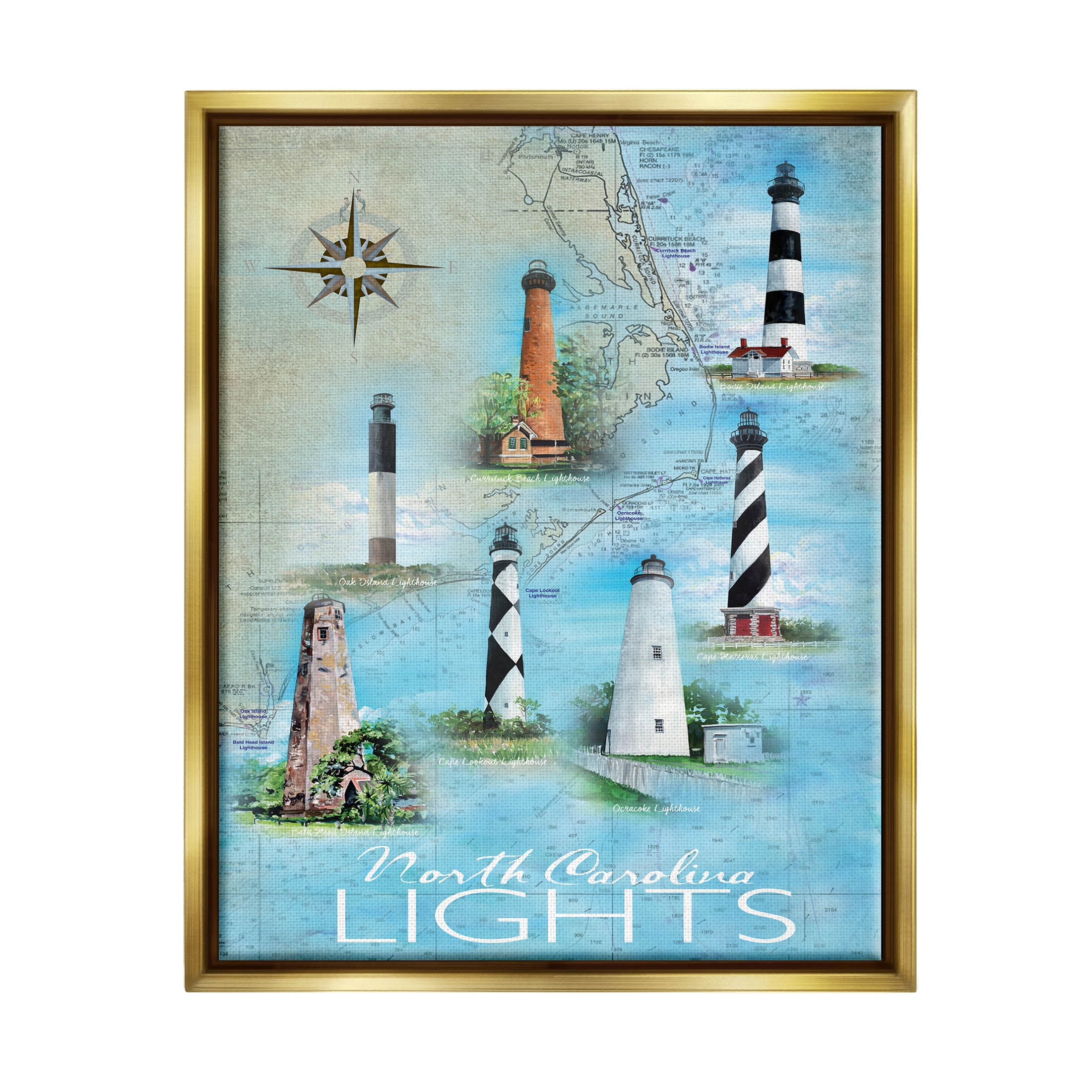 Stupell Industries North Carolina Lighthouses Map Graphic Art Metallic Gold Floating Framed Canvas Print Wall Art, Design by Erica Christopher