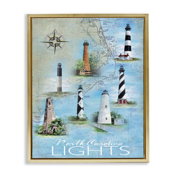 Stupell Industries Traditional North Carolina Lighthouses Map Gold Floating Frame Canvas Art, 17 x 21, by Erica Christopher