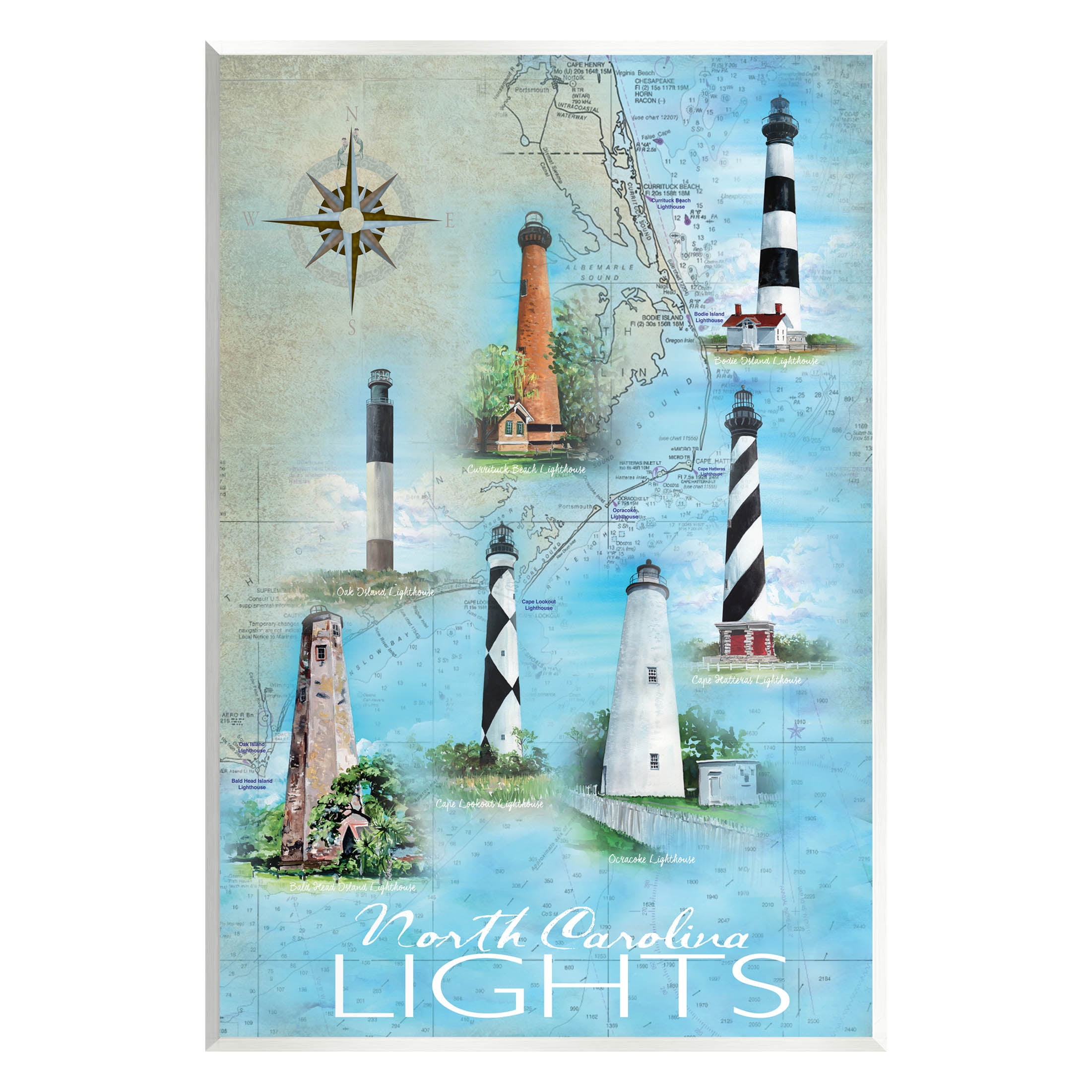 North Carolina Lighthouses Map Wood Wall Art Print