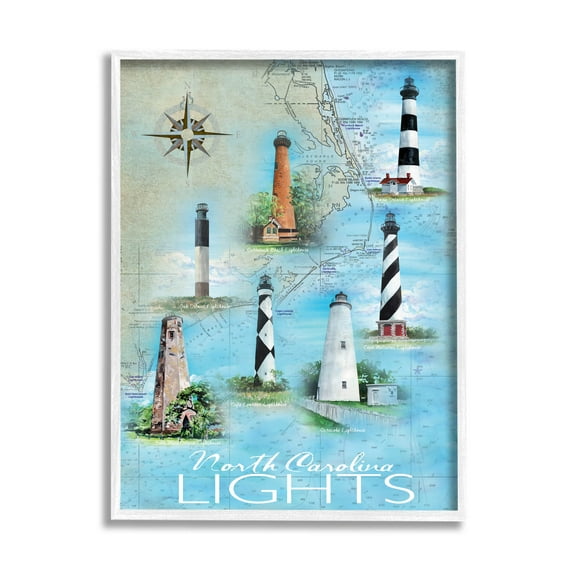 Stupell Industries North Carolina Lighthouses Map Graphic Art White Framed Art Print Wall Art, Design by Erica Christopher