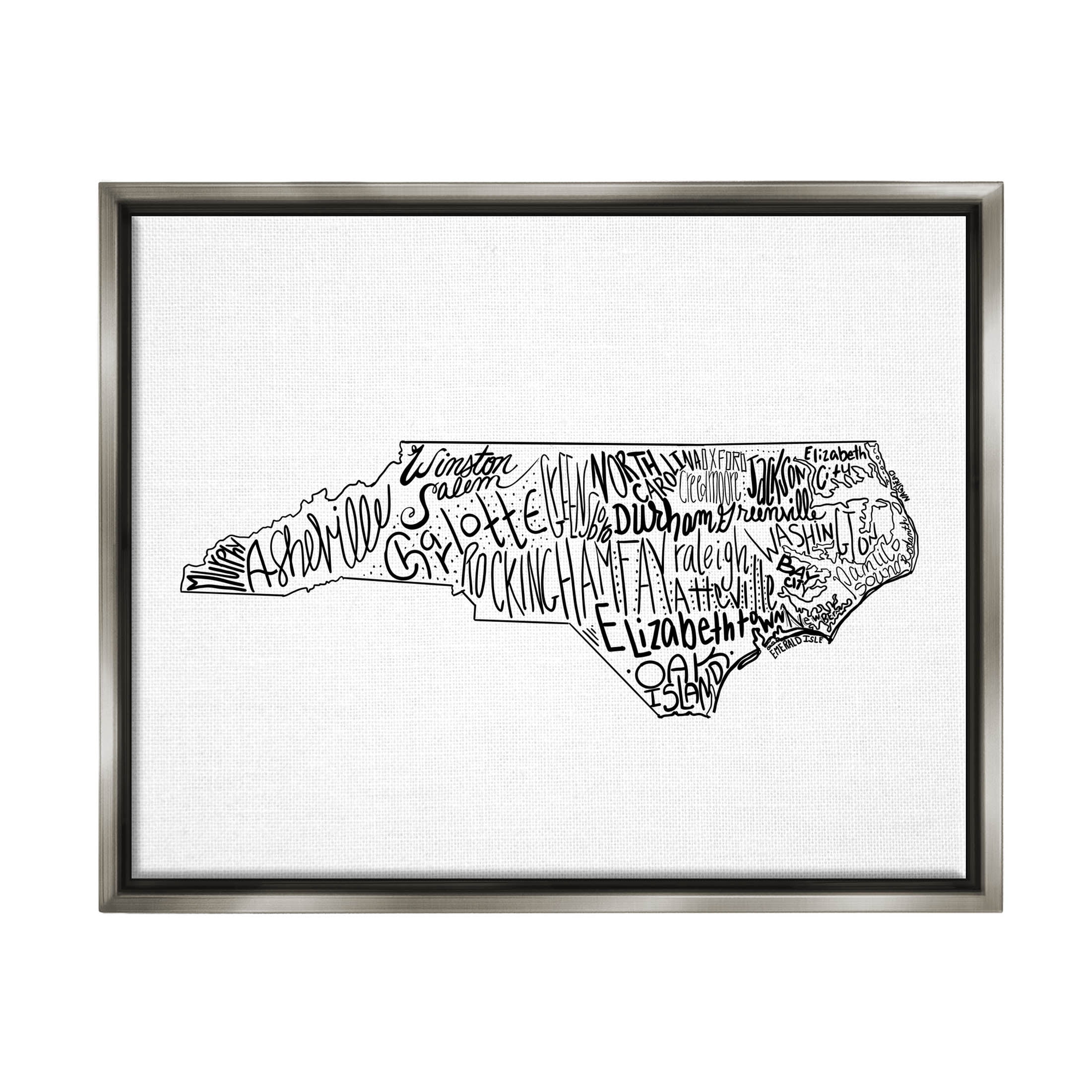 Stupell Industries North Carolina State Cities Graphic Art Luster Gray Floating Framed Canvas Print Wall Art, Design by The Saturday Evening Post