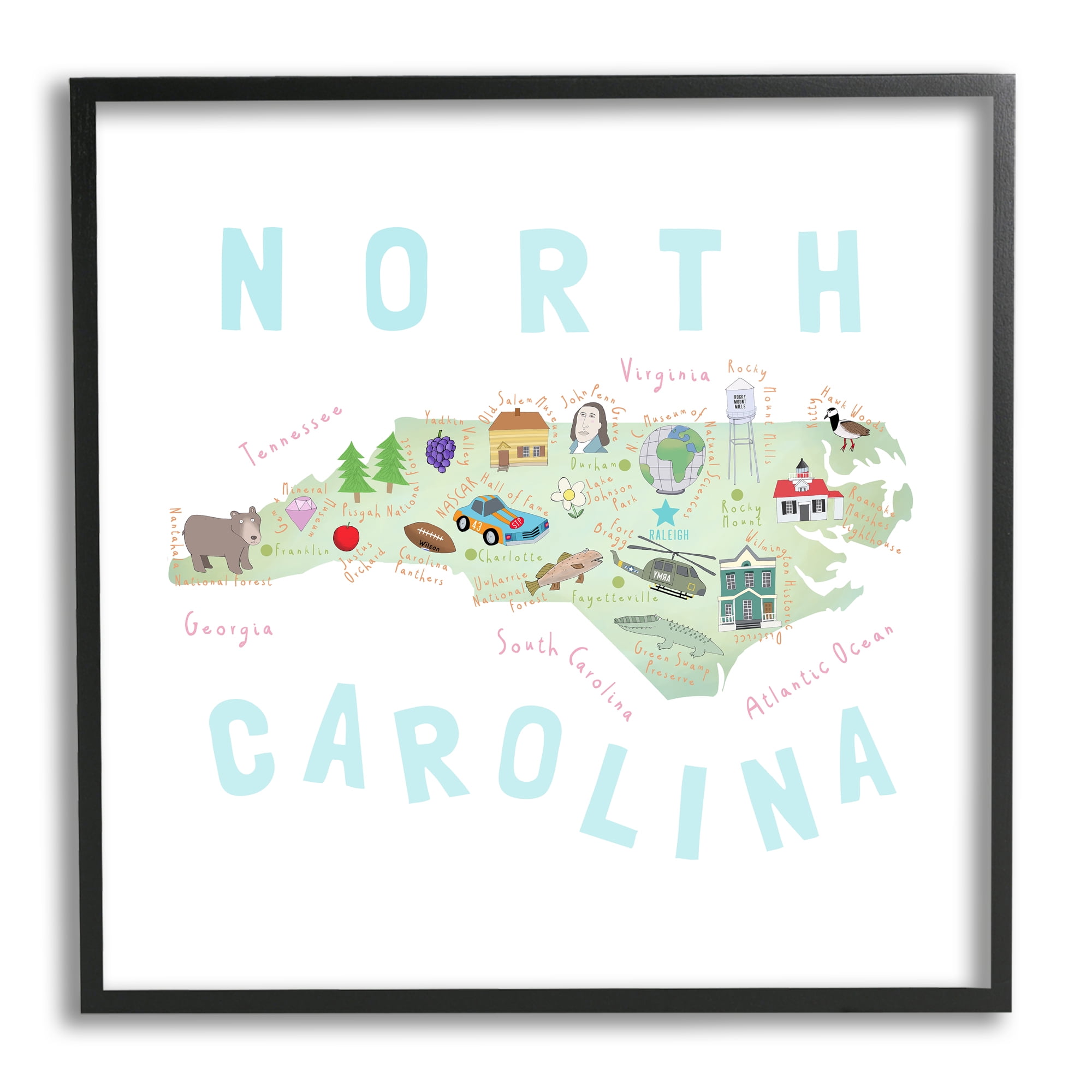 Stupell Industries North Carolina Tourist Diagram Travel & Places Painting Black Framed Art Print Wall Art