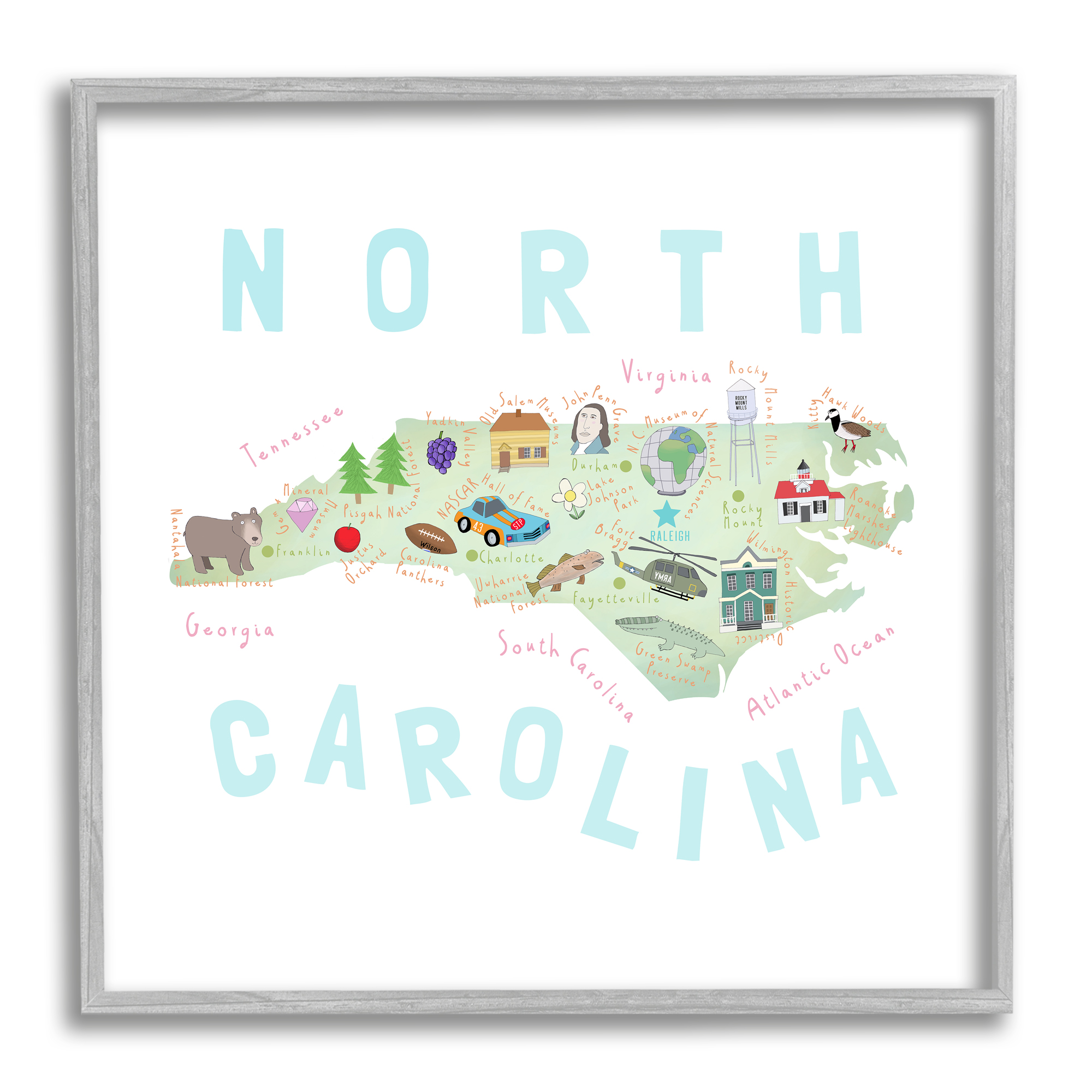 Stupell Industries North Carolina Tourist Diagram Travel & Places Painting Gray Framed Art Print Wall Art