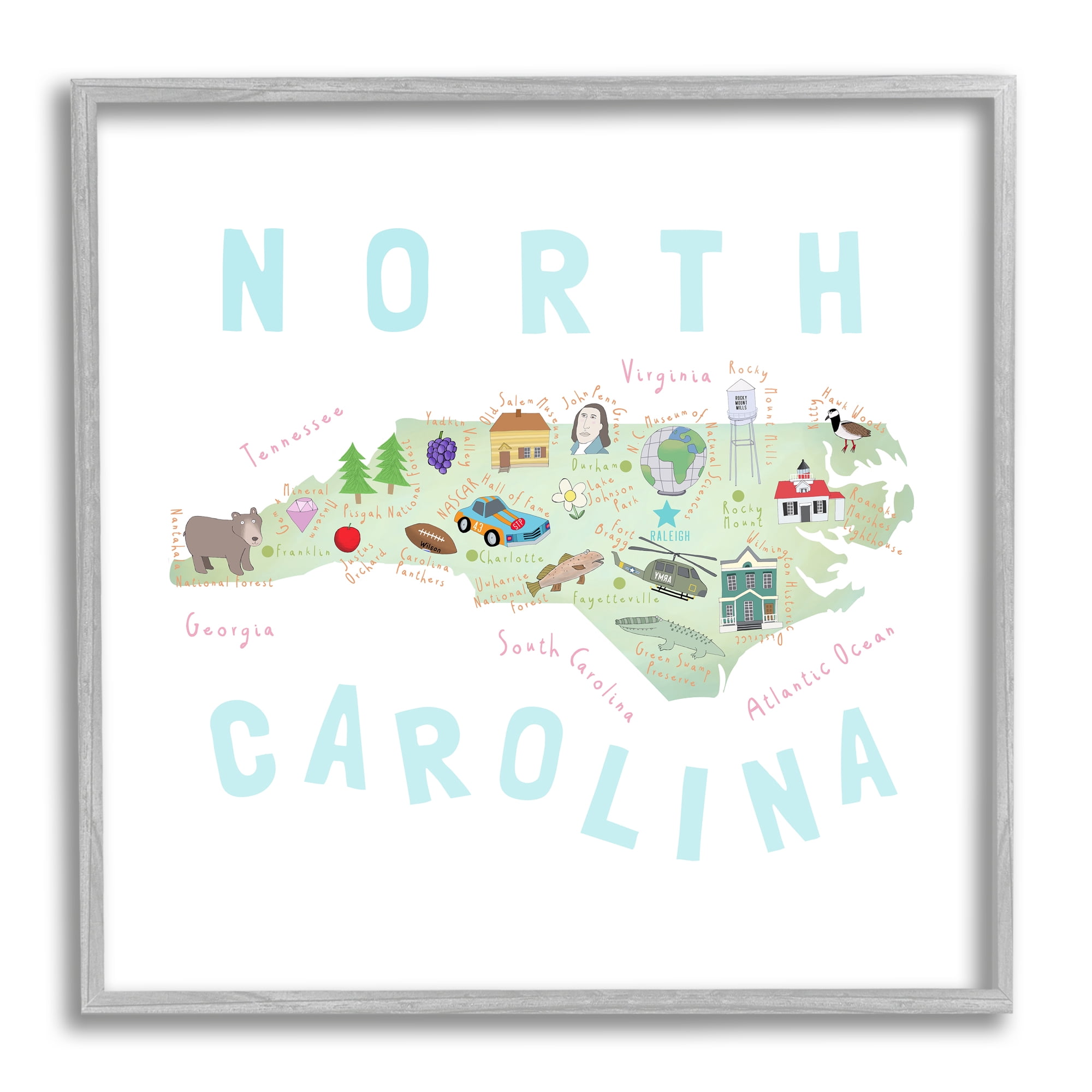 Stupell Industries North Carolina Tourist Diagram Travel & Places Painting Gray Framed Art Print Wall Art